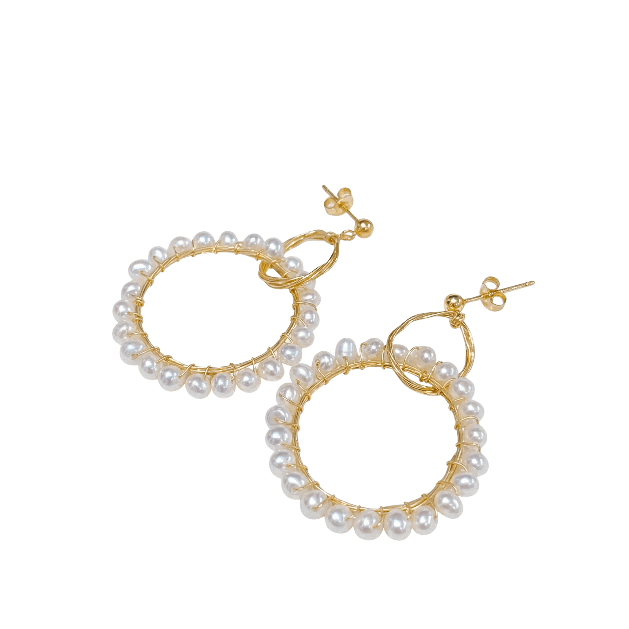 14K Filled Gold Freshwater White Round Pearl Hoop Earrings